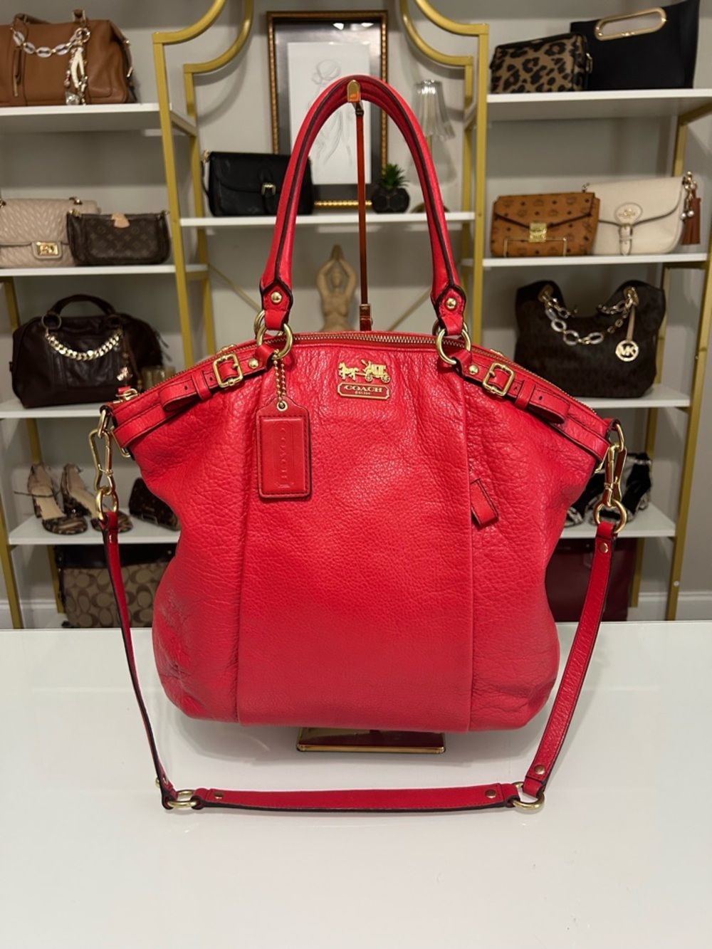 Coach Red Madison Pebbled Leather Lindsey Satchel with Detachable Strap